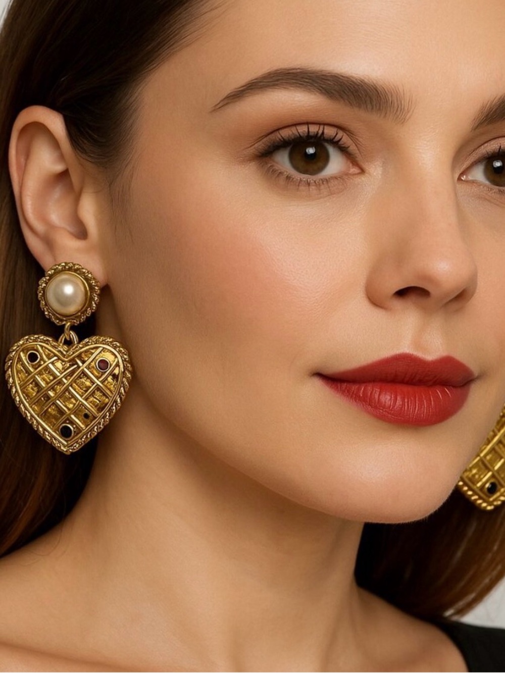 Gold Heart Drop Earrings with Pearl Accent - Women Jewelry